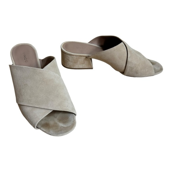 Vince Karsen Beige Suede Block Heel Slide Sandals Womens Size 8.5 M Open Toe - Picture 2 of 13